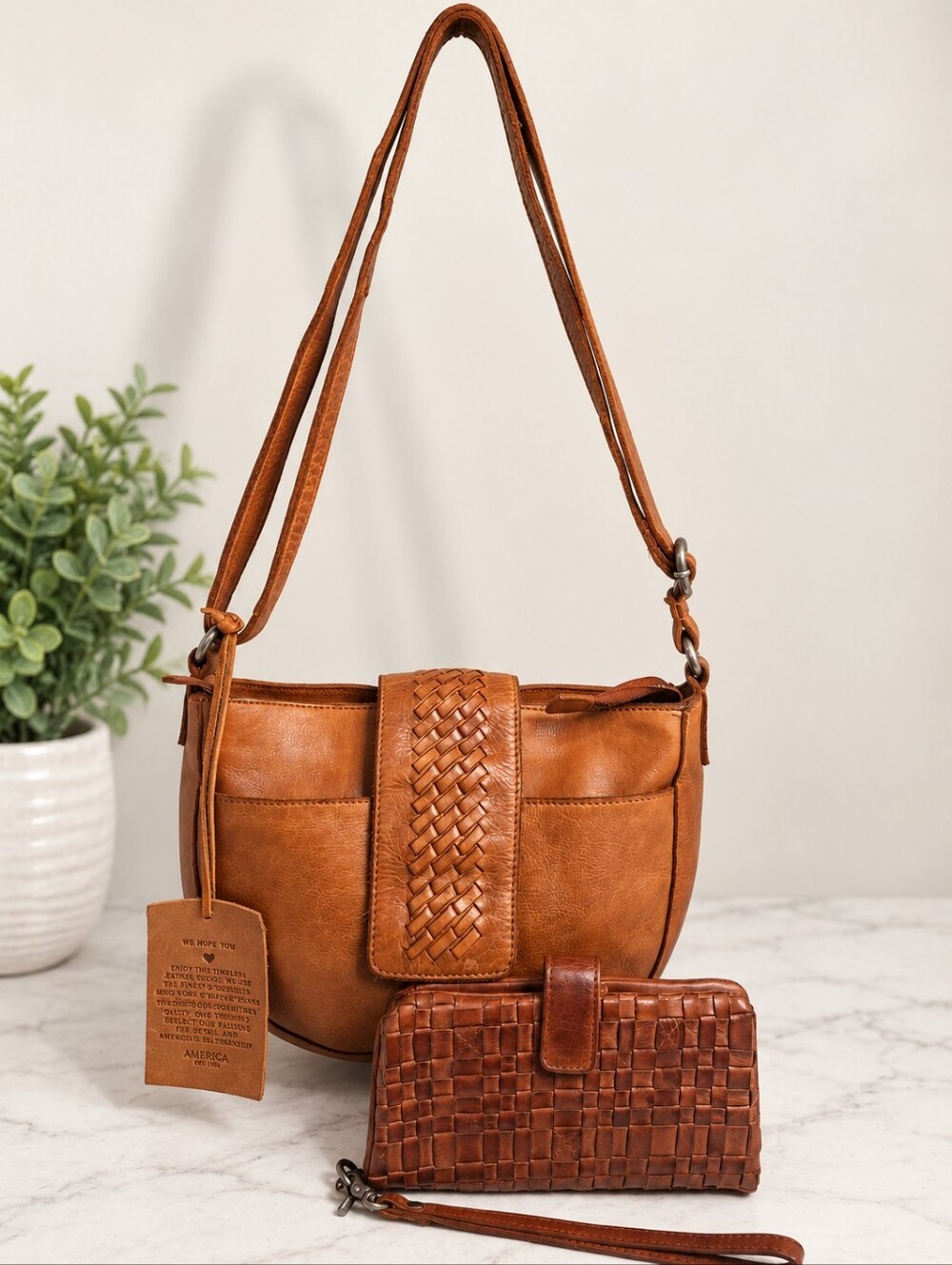 Vilenca Holland Cognac Leather Woven Crossbody Bag + Matching Wallet